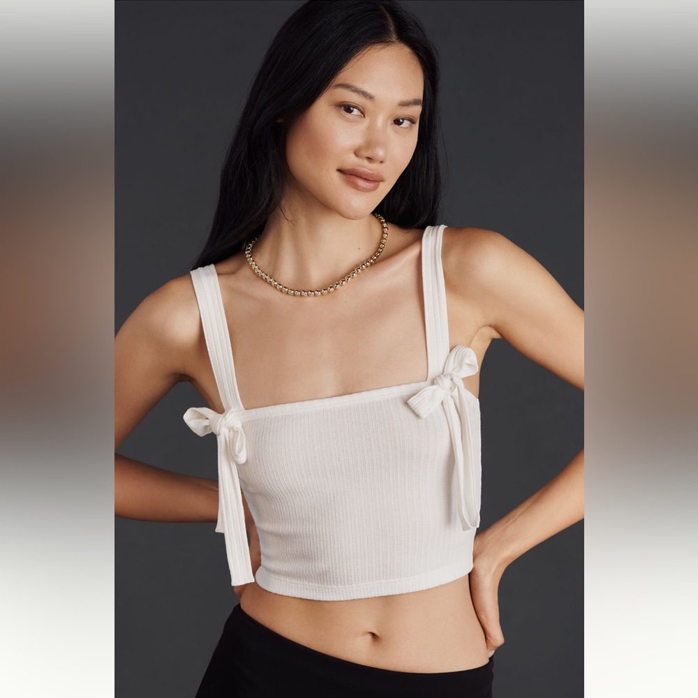 Anthropologie Coastal Cowgirl Ribbed Bow Cropped Tank Top NWT White Large Girly